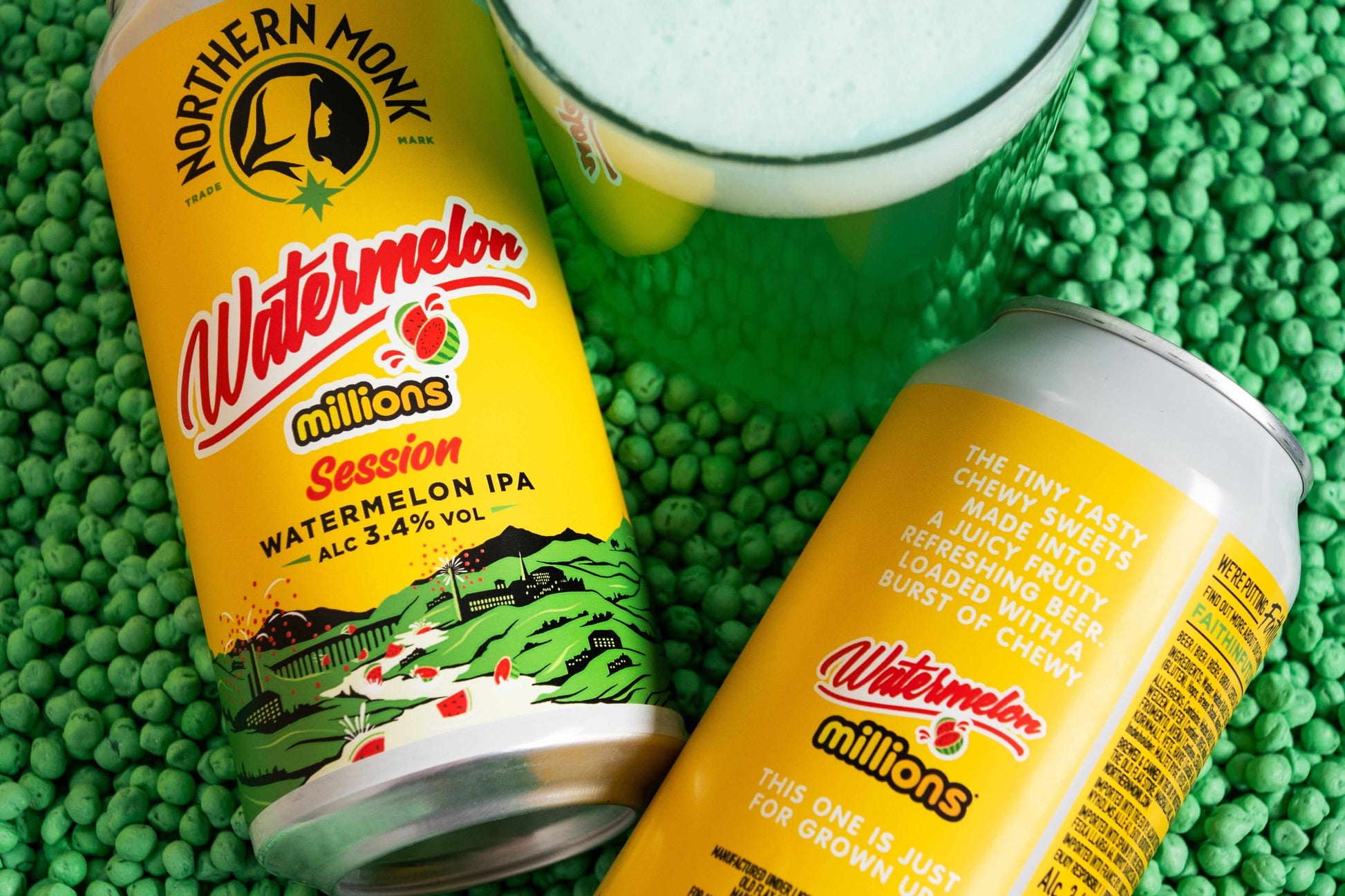 Northern Monk Watermelon Session IPA cans with vibrant design, 3.4% ABV, on a green background, highlighting the fruity beer concept.