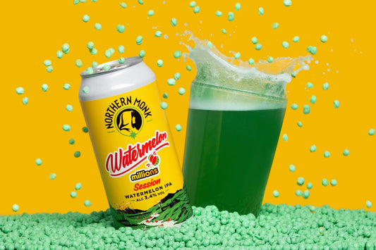 Northern Monk Millions Watermelon Session IPA can and glass with green bubbles against a yellow background.