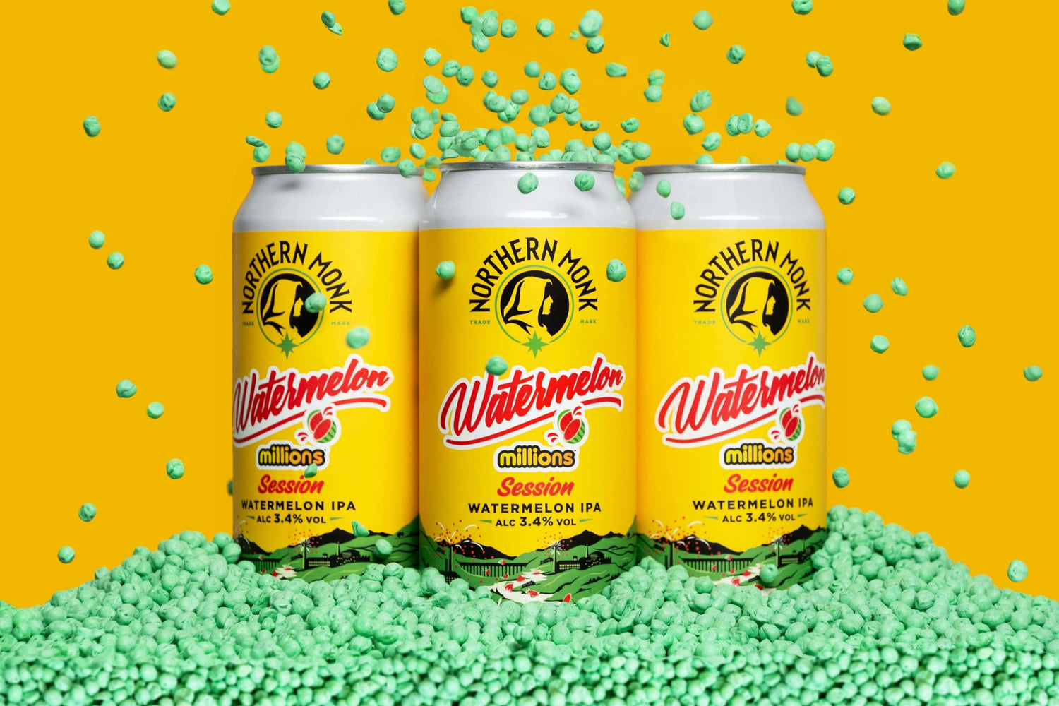 Northern Monk Watermelon Millions Session IPA cans amidst chewy watermelon candies on a vibrant yellow background.